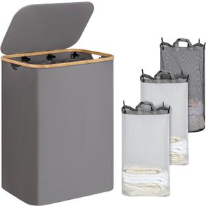 IEGrow Laundry Hamper with Lid,160L Laundry Basket with 3 Mesh Bags,Grey | Dirty Clothes Hamper Basket with Bamboo Handle for Clothes Towels