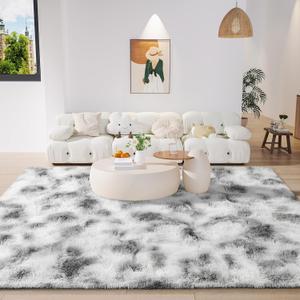 LOCHAS Ultra Soft Indoor Modern Area Rugs 4x6, Fluffy Living Room Carpets for Children Bedroom Home Decor Nursery Rug, Tie-Dyed Grey & White