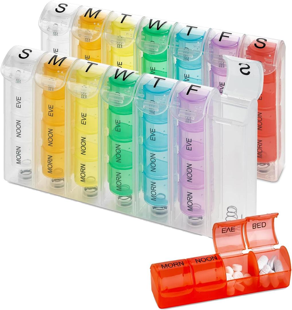 Weekly Pill Organizer - (Pack of 2) Pill Planners for Pills & Vitamins Each Day Week, Four Times-a-Day Medication Reminder, Easy to Read AM/PM Compartments Monday to Sunday for Travel & Purse (Multi)