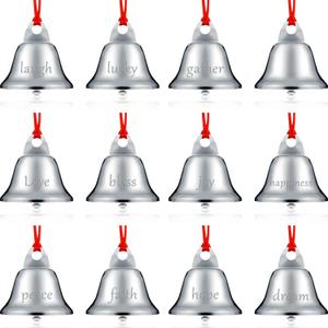 Sratte 24 Pack 1.5 Inch Christmas Bells Ornament Xmas Believe Jingle Decoration Silver Santa Sleigh Bell Christmas Printed Bell with Red Ribbon for Xmas Tree Home Decoration(Trumpet)