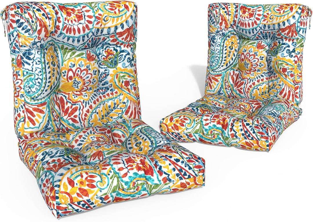 Outdoor Chair Cushions, Tufted Back Patio Furniture Cushions Set of 2, Water Repellent Wicker High Back Chair Cushion for Home Garden Lounge Deep Chairs, 42x21x4 Inch, Paisley Multi