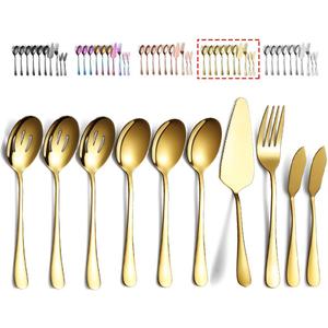 Gold Serving Spoons 10 Pieces, Kyraton Serving Utensils, Serving Set Include 3 Serving Spoon, 3 Slotted Spoon, 1 Serving Fork, 1 Cake Server, 2 Butter Knife Spreaders
