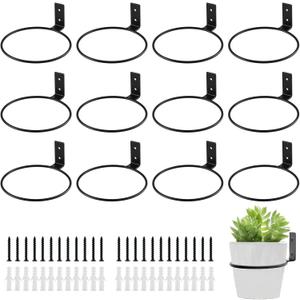 12-Pack 6 Inch Flower Pot Holder Ring Hanging Plant Holder Wall Mount Metal Plant Hangers Indoor Outdoor Planter Hooks Brackets for Patio, Garden, Home, Matte Black