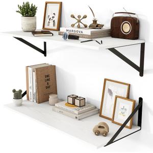 Heimlove 28W x 12D Deep Floating Shelves Set of 2 White | Wood with Black Bracket for Living Room, Kitchen, Office, Bedroom Wall Mounted, 28wx12dx5.8h
