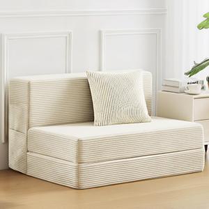 Twin Size Folding Sofa Bed - 4 in 1 Convertible Sleeper Chair with Pillow - High Density Memory Foam Futon Couch - Foldable Bed for Living Room Bedroom (Beige)