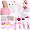 Kids Pet Doctor Kit for Toddlers, 21PCS Kids Doctor Playset with Plush Dog, Medical Toys, Stethoscope, Dress Up Costume, Carrying Bag,Christmas Birthday Gifts for Ages 3 4 5 6 7 8 Year Old Girls (White)