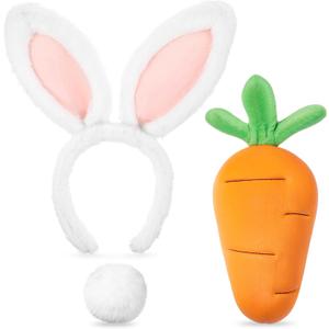 Crowye 3 Pcs Bunny Costume Set Plush Bunny Ear Headband Rabbit Tail Carrot for Women Adults Halloween Cosplay Party