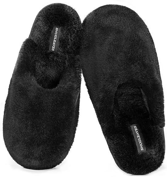 Snug Leaves Women's Fuzzy Scuff Slippers Soft Comfy Memory Foam Non-slip Indoor House Shoes 9-10, Black