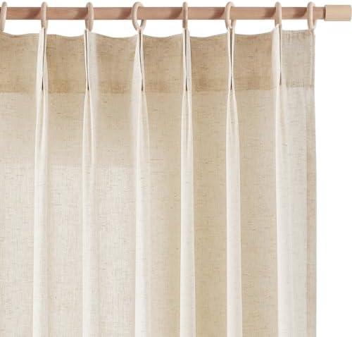 jinchan Pinch Pleated Linen Curtains for Living Room, 96 Inches Long Beige Curtains, Natural Linen Farmhouse Curtains Pinch Pleated Curtains with Hooks Window Curtain, 2 Panels Ecru