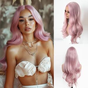 Pink Wigs for Women Long Wavy Wigs with White Highlight 28 inch Middle Part Curly Wig Natural Looking Synthetic Wigs Thick Soft Long Pink Wig Hair Replacement Wigs for Daily Party Costume Use