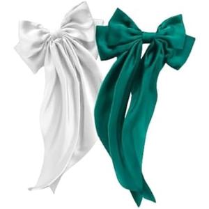 Pack Of 3 Hibasso Large 2-Piece Silky Satin Hair Bows Set for Women, Girls with Long Tails and Metal Clips – Aesthetic bow hair clip, Stylish Hair Accessories (Green & White)