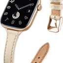 STIROLL Slim Leather Bands Compatible with Apple Watch Band 38mm 40mm 41mm 42mm(Series 11 10), Top Grain Leather Watch Thin Wristband for iWatch SE 9 8 7 6 5 4 3 2 1 (Beige Gold)