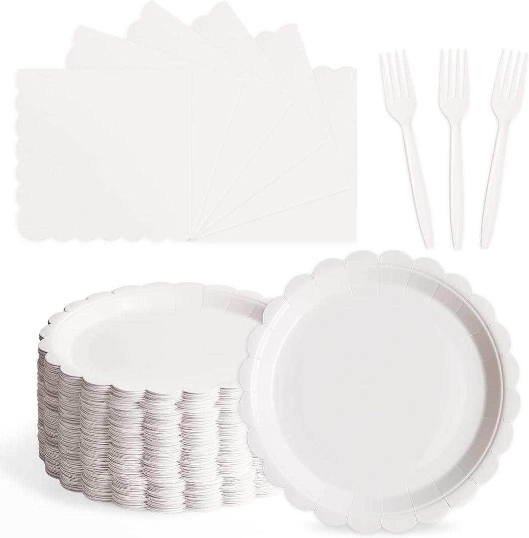 105PCS Paper Plates and Napkins Set, 7 Inch Scalloped Disposable Tableware with Forks for Birthdays, Garden Parties & Outdoor Events, Serves 35 (White)