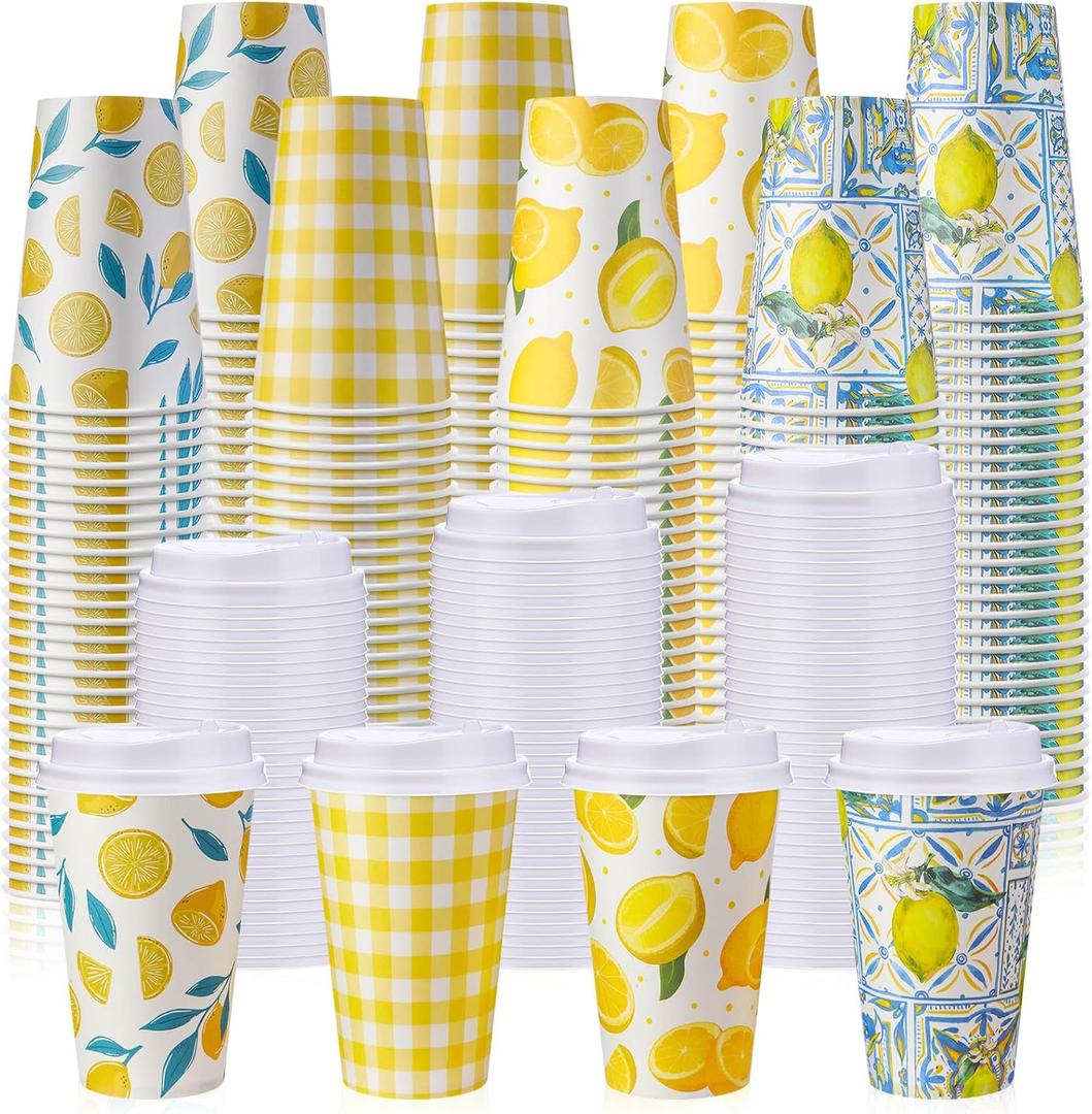 100 Pcs 12 Oz Capri Lemon Disposable Coffee Cups with Lids Yellow Lemon Paper Drinking Cup for Hot Cold Beverage Drink Juices for Lemonade Stand Supplies Summer Party Bride Shower