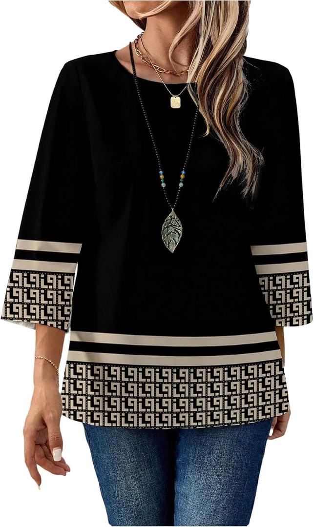 SweatyRocks Women's Geometric Print Round Neck Blouse Casual 3/4 Sleeve Loose Office Tops (S)
