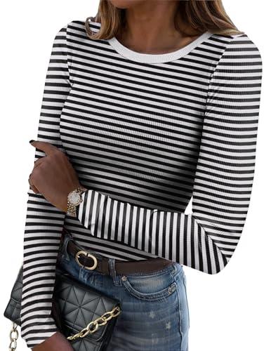 Zeagoo Womens Striped Long Sleeve Crewneck Shirts Casual Slim Fit Rib Knit Tops Summer Fall Basic Business Work Blouse, Small