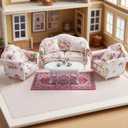 1:12 Dollhouse Couch Furniture Set, 16Pcs Wooden Miniature Sofa Set, Dollhouse White Fabric Printed Double & Single Sofa with Pillow and Living Room Accessories