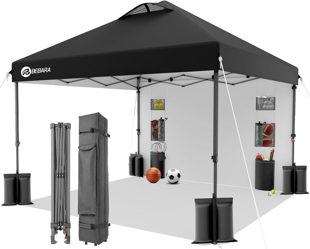 10x10 Pop Up Canopy with Sidewall, One-Person Setup - Sturdy Frame, UV & Water Resistant Canopy Tent w/Wheeled Carry Bag for Beach, Patio, Camping & Events
