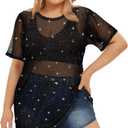RITERA Plus Size Mesh Tops for Women Sexy Short Sleeve Sheer Fishnet Shirts Black Tshirts Blouses XL-5XL, (690-black Sequin) 5XL