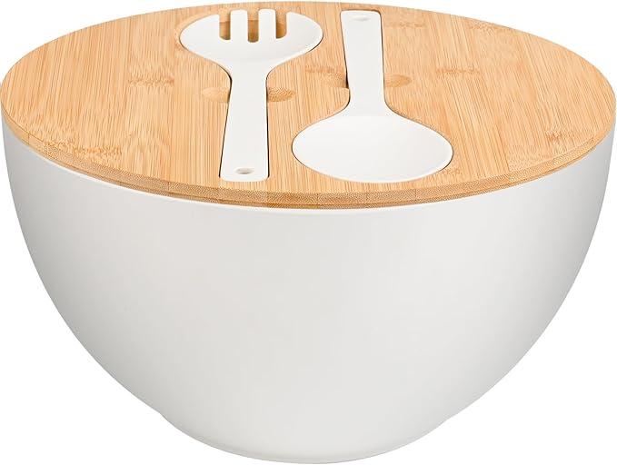 LOVYANXUE Salad Bowl with Lid, 12" Extra Large Bamboo Fiber Salad Bowl with Servers Set for Kitchen, Nature Bamboo Mixing and Serving Bowl with Lid, Spoon and Fork for Fruits,Salads and Vegetables