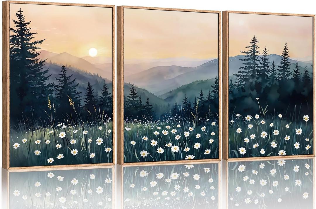 KAIRNE Mountain Landscape Wall Art Set of 3, Misty Pine Tree Canvas Prints, Nature Forest Scenery Home Decor for Living Room, Bedroom, Office, 16x24inch