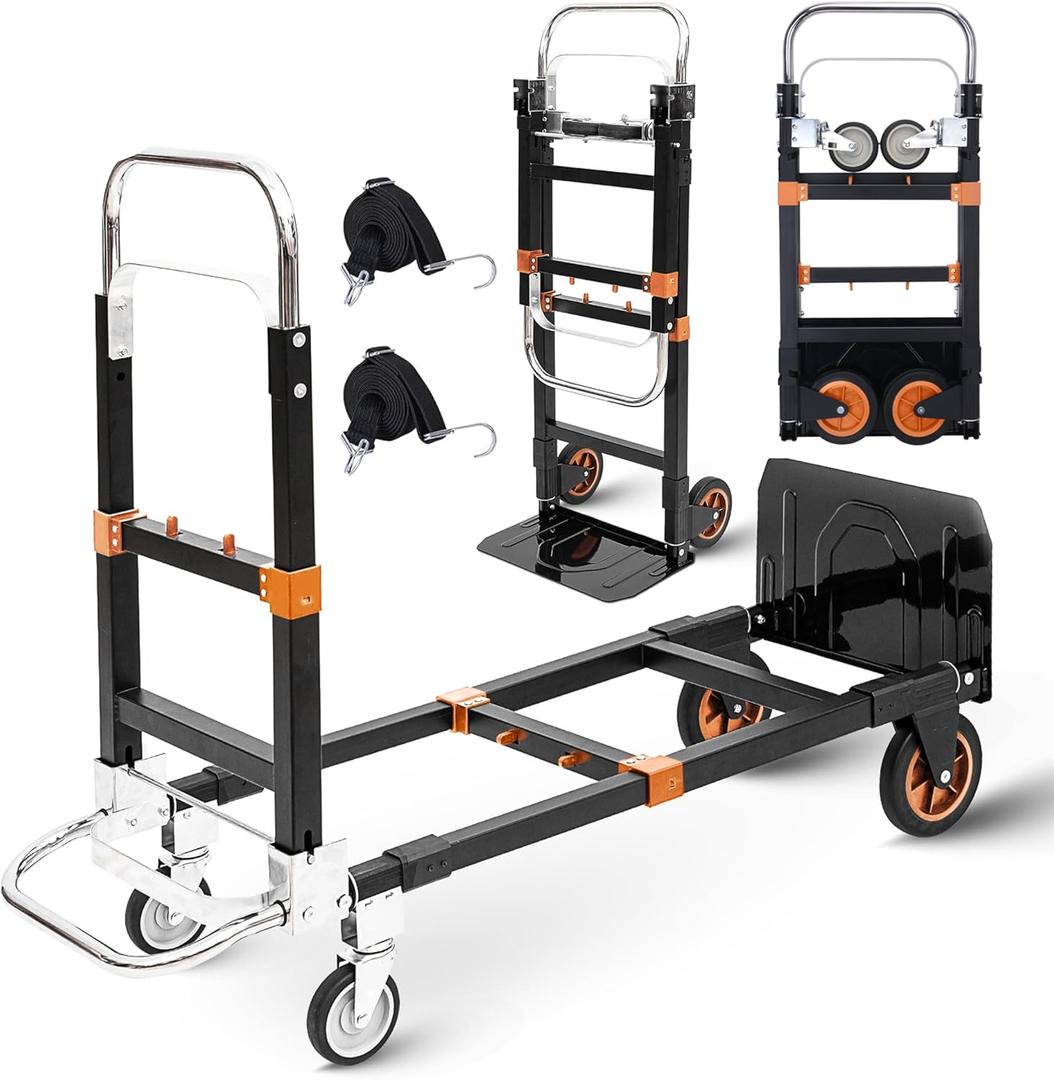 Upgraded 3 in 1 Folding Hand Truck, 500lbs Capacity Heavy Duty Convertible Dolly cart with Rubber Wheels, Collapsible Hand Truck Foldable with Telescopic Handle, Trolley for Moving, Office, Warehouse (Orange)