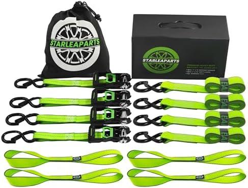 Motorcycle Tie Down Strap (4PK) - 2,100lb Break Strength Premium 15ft Ratchet Tie Down Straps Set, Soft Loop Ratchet Straps for Moving Appliances, Lawn Equipment, Cargo Straps for Trucks