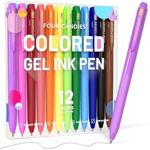 Four Candies Quick Dry Ink Colored Pens Set, 12 Colors Retractable Gel Pens, 0.7mm Fine Point Colorful Pen for Note Taking & Drawing, Colored Gel Pen with Comfort Grip for Office, School & Home