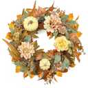 Fall Door Wreath with Pumpkins and Maple Leaves, Autumn Harvest Wreath with Berries, Indoor Outdoor Thanksgiving Halloween Decoration (Model B)