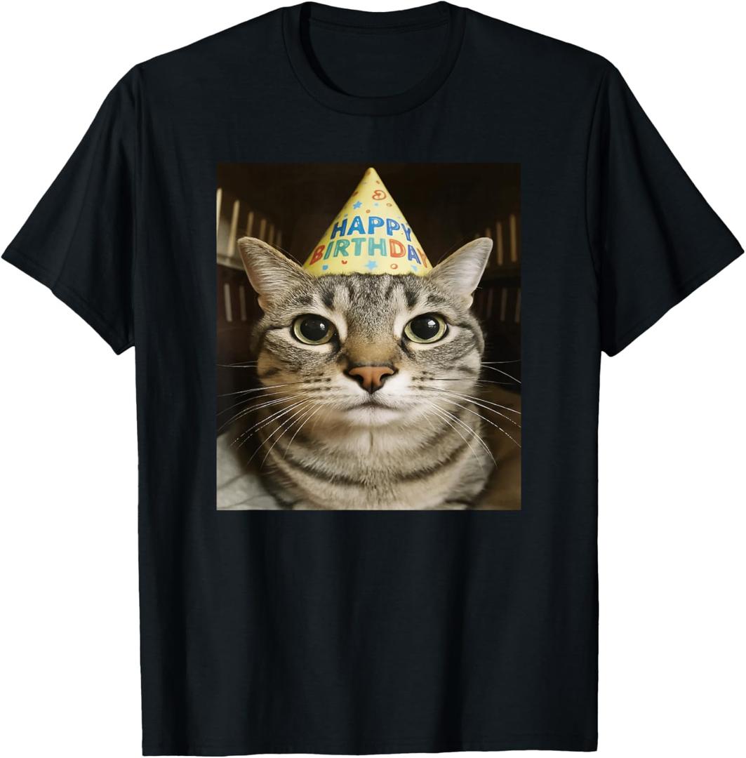Funny Staring Meme Cat Birthday Greeting Adults, Boys, Girls T-Shirt, Large