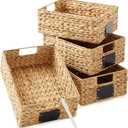 Casafield Set of 4 Water Hyacinth Pantry Baskets, 10" x 13" x 5", with Chalkboard Labels and Chalk Marker - Natural, Woven Storage Bin Organizers for Kitchen Shelves