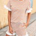 Tankaneo Womens 2 Piece Striped Shorts Set Ruffle Short Sleeve Tops Hight Waist Shorts Matching Sets Summer Vacation Outfits (L)
