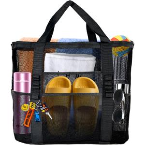 Large Mesh Beach Bag - Lightweight & Foldable Family Beach Bag with 9 Pockets for Toys, Towels & Vacation Essentials (Black)