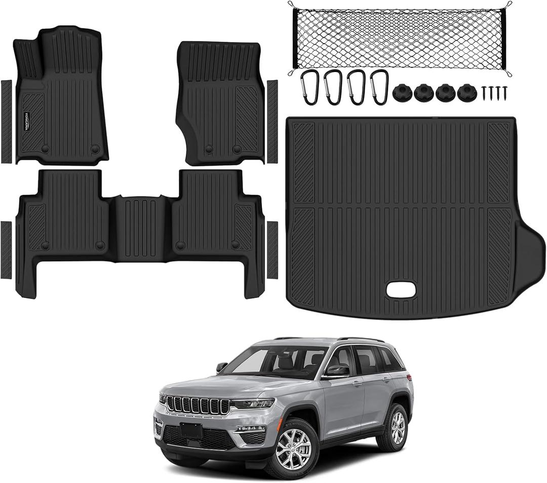 Tongama-Floor Mats for 2022-2025 2026 Jeep Grand Cherokee (Include 4xe Not WK or L), All Weather TPE Trunk Mat and Cargo Net and Door Sill Guards for Jeep Grand Cherokee Floor Liner Accessories