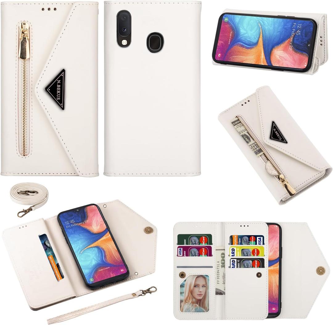 Wallet Case for Samsung Galaxy A20e Leather Flip Zipper Purse Handbag with Credit Card Holder Crossbody Shoulder Strap and Wrist Strap Lanyard Phone Cover for A 20e 20ae Women White