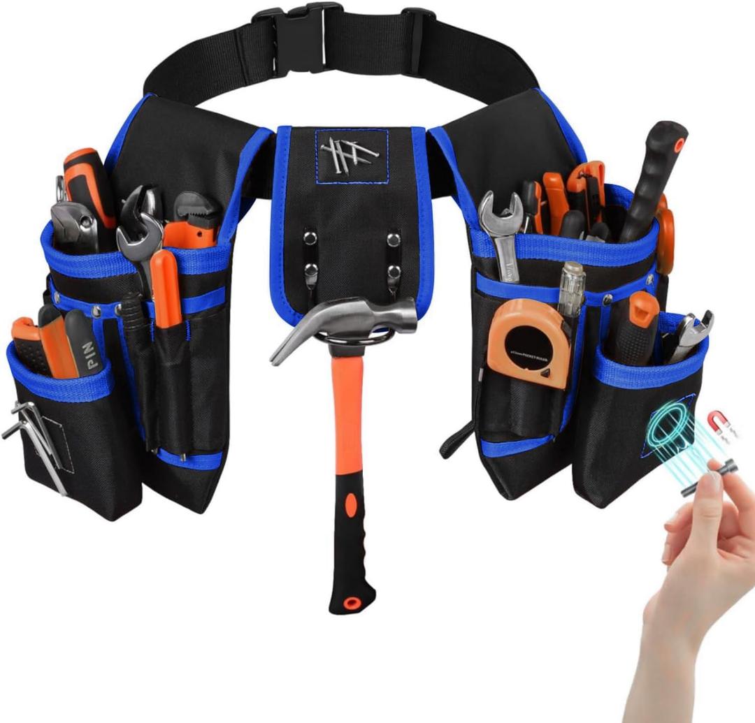 Tool Belt with 27 Pockets and 3 Magnetic Zones, Freely-Combinable, Heavy-Duty yet Lightweight Tool Pouch & Tool Belts for Men: Electricians, Carpenters, DIYers A Great Gift Fathers and Husbands(Blue)