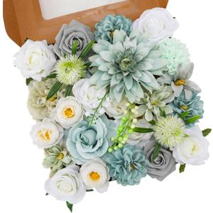 Floweroyal Artificial Flowers Combo Teal Blue Flowers Mix Silk Flowers Dahlia Roses with Stems for DIY Wedding Bridal Bouquets, Baby Shower, Floral Arrangement, Table Centerpieces, Home Decorations.
