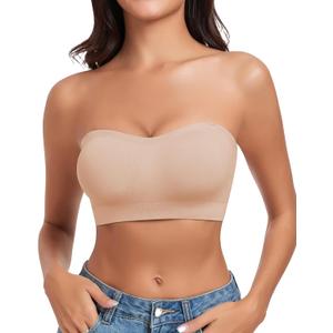 WOWENY Women's Strapless Bra Non-Slip Silicone Wireless Bandeau Bras with Support Seamless Padded Bralette Tube Top Bra (Large, Beige)