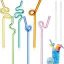 Yinkin 6 Pcs Wavy Glass Straws Reusable Curved Straw Shatter Resistant with 2 Cleaning Brushes Clear Silly High Borosilicate for Kids Adults Smoothies Juice (Colorful, 8 Inch)