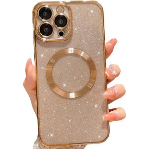 MGQILING Compatible with iPhone 12 Pro Max Magnetic Glitter Case, Luxury Plating Cute Bling Clear Phone Case, Compatible with MagSafe for Women Girls with Camera Protector Back Cover - Gold