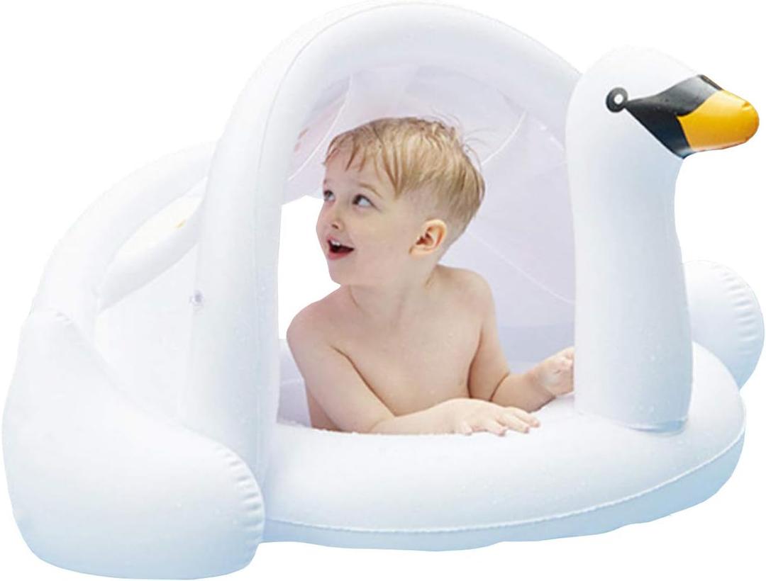 Baby Pool Swim Float with Canopy Inflatable Outdoor Swimming Ring Seat, Pink Flamingo Kids Infant Toddler from 6 Months to 48 Months