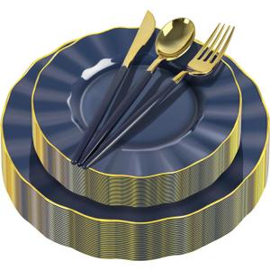 150Pcs Plastic Plates with Gold Rim,Heavy Duty Blue Plates for 30 Guests,Plastic Dinnerware Set Include 30 Dinner Plate,30 Dessert Plate,90 Gold Cutlery Set for Party (Blue)