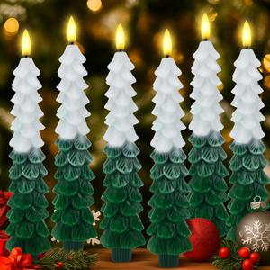 Funtery 6 Pcs LED Christmas Tree Flameless Taper Candles Real Wax Battery Operated Candlestick Lights with 3D Flame and Remote Timer Window Fireplace(Snow-Topped,Christmas Tree)