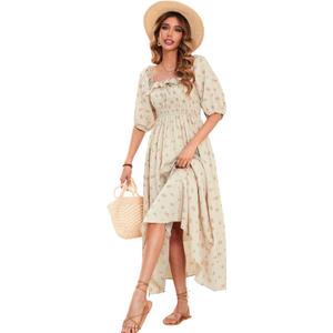 R.Vivimos Women Summer Half Sleeve Cotton Ruffled Vintage Elegant Backless A Line Flowy Long Dresses (Beige#1-floral) XL