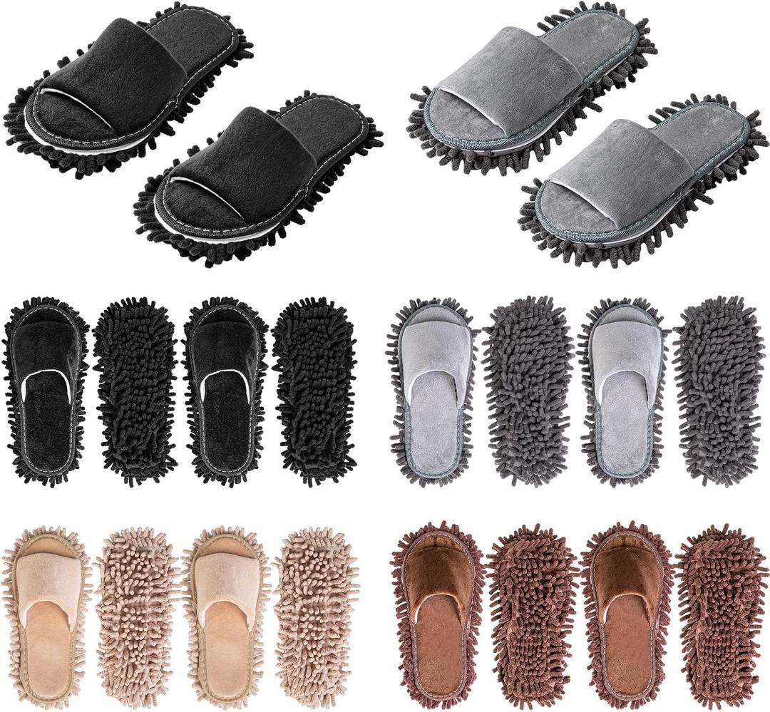 HooLing 10 Pairs Unisex Microfiber Mop Slippers for Floor Cleaning Washable Detachable House Mop Shoes Indoor Dirt Dusting Mopping Slippers for Women Men Home Office Kitchen, 4 Colors (Medium)