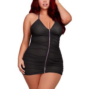 Plus Size Sheer Stretch Mesh Babydoll Dress Zipper Shirring Halter Chemise Curvy Sexy Lingerie for Women , Extra Large, Black 