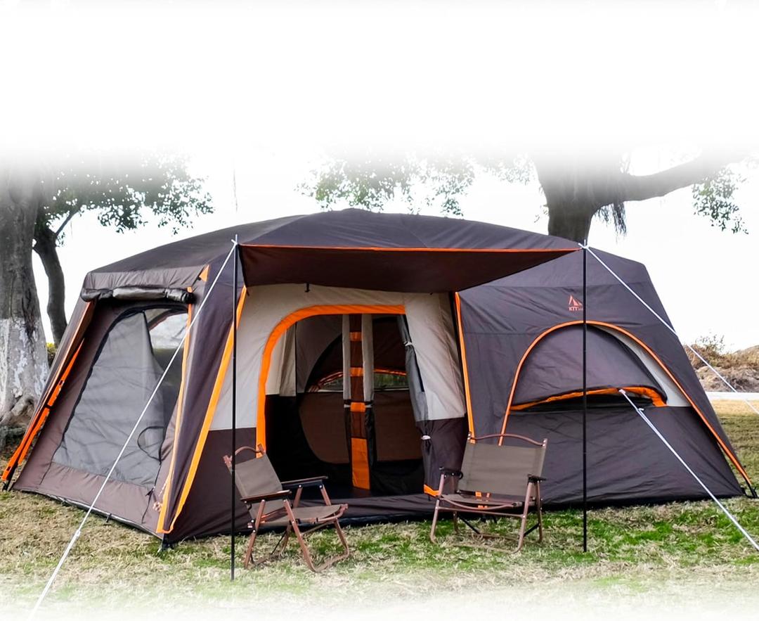 KTT Extra Large Tent 12 Person,Family Cabin Tents,2 Bay-Windows,2 Rooms and 3 Doors 3 Windows with Mesh,Waterproof,Straight Wall,Double Layer,Big Tent for Outdoor,Picnic,Camping