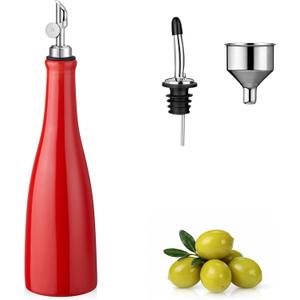 YOLIFE Olive Oil Dispenser Bottle, 20oz Ceramic Oil Dispenser for Kitchen, Oil Bottle with Gravity Spout, Leak Proof EVOO Dispensing Bottle with 2 Spouts and 1 Funnel for Vinegar, Juice(Red)
