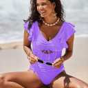 Sovoyontee Women's Ruffle One Piece Swimsuit Tummy Control Bathing Suits Drawstring Cutout V Neck Swimwear (Purple, S)