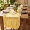 HunnmingRe 1 Pcs Yellow Plaid Gingham Ruffle Table Runner 118 x 13.8'' Farmhouse Table Runner 100% Cotton Scalloped Long Dresser Scarves for Dining Room, Wedding, Kitchen Rustic Home Decor